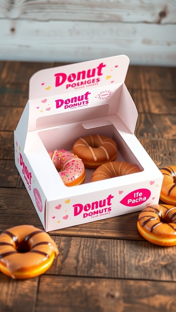 A donut box with a clear window displaying colorful donuts, set on a wooden table.